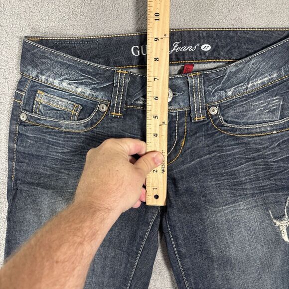 Guess Jeans Women Size 27 Daredevil Boot Cut Flare Blue Denim Jeans Distress Y2K - Picture 6 of 16